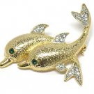 14K Gold EP Textured Dolphin Crystal Brooch Pin Broach BP26