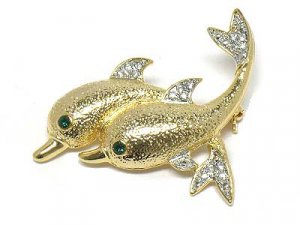 14K Gold EP Textured Dolphin Crystal Brooch Pin Broach BP26