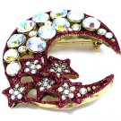 Red Crescent Moon Stars AB Crystal Gold EP Brooch BP55
