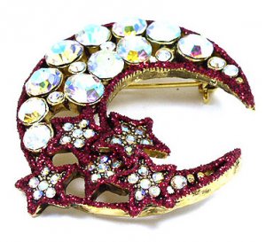 Red Crescent Moon Stars AB Crystal Gold EP Brooch BP55