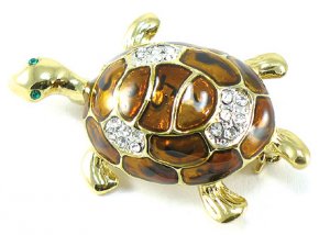 Adorable 14K Gold EP Enamel Crystal Turtle Brooch Pin Broach BP22