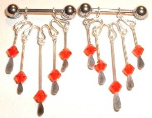 Pair of 2 RED Crystal Dangle Nipple Shield Rings BJ61