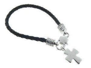 Genuine Braided Black Leather Bracelet with Cross Charm BR02