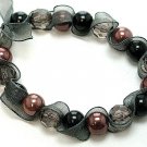 Black ribbon wrapped glass pearl stretch bracelet BR17