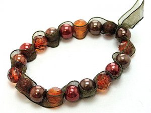 Ribbon wrapped copper glass pearl stretch bracelet BR18