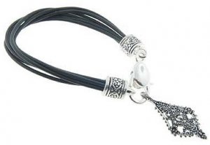 Genuine Black Leather Strands Toggle Bracelet with Filigree Charm BR03