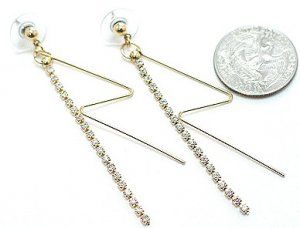 Straight Crystal Line Drop Zig Zag Gold Dangle Earrings, 2.5" EA41