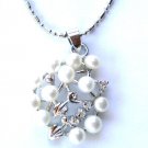 Genuine White Pearl Crystal Flower Cluster 14K White Gold EP Pendant Necklace NP88W