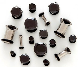 Pair of 2 Prong Set Jet Black CZ Crystal Ear Plugs Tunnels BJ22 Sz: 4,g, 6g, 10g,