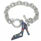 BLACK High Fashion Crystal Pave Stiletto Shoe Rhodium Finish Charm Bracelet BR09
