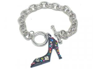 BLACK High Fashion Crystal Pave Stiletto Shoe Rhodium Finish Charm Bracelet BR09
