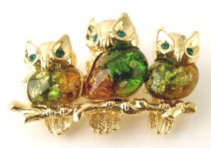 Adorable Owls on Branch Crystal Enamel 14k Gold EP Brooch BP16