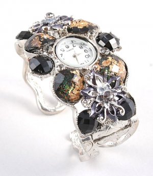 Chunky Crystal Flower Pattern Cuff Watch WW127