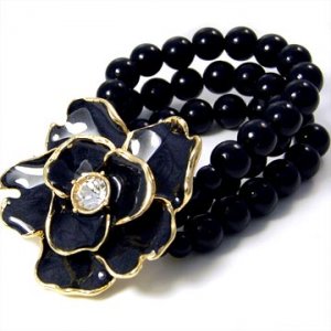 2" Black Flower CZ Glass Pearl Strands Stretch Bracelet BR15