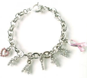 Crystal FAITH Pink Ribbon Breast Cancer Heart Charms Bracelet BR45