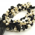 Genuine Black Gemstone and Glass Pearl Ribbon 5 Strands Stretch Bracelet BR25 Genuine Black Gemstone and Glass Pearl Ribbon 5 Strands Stretch Bracelet BR25
