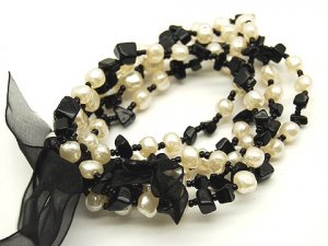 Genuine Black Gemstone and Glass  Pearl Ribbon 5 Strands Stretch Bracelet BR25