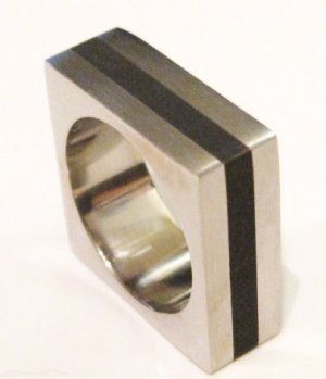 Unique High Polish Square Black Stripe 316L Stainless Steel Ring, Size 5, 7, 8