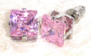6mm Sparkling Square PINK Faceted CZ Stud Post Earrings EA203 PK