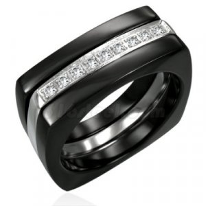 Chunky Square CZ Black Stainless Steel Statement Ring SSR1942