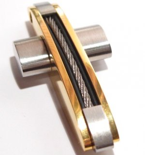 Twisted Cable Wire 2 Tone Gold Stainless Steel Cross Pendant with FREE 20" SS Ball Chain SSP3188