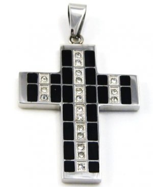 Black Stainless Steel Cross Pendant with Clear CZ - FREE 20" SS Ball Chain SSP3666