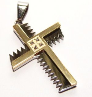2 Tone Jagged Edge Gold Stainless CZ Cross with FREE 20" SS Ball Chain SSP4308