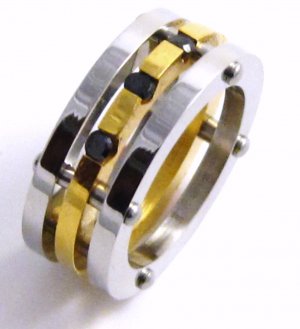 Triple Band Gold Stainless Steel Ring Black CZ SSR5107