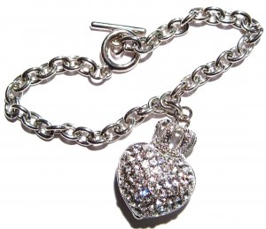 Sparkling Crystal Pave Heart Crown Rhodium Toggle Bracelet BR11