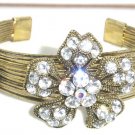 Stunning Sparkling Crystal Flowers Antique Gold Wire Cuff Bracelet BR31