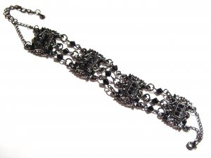 Victorian Style Antique Silver Black Crystal and Beads Chain Link Bracelet BR60