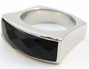 Chunky Faceted Black Onyx Stainless Steel Statement Ring SSR2537