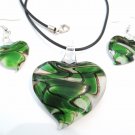 Green Black Swirl Murano Glass Heart Necklace Earrings Set NP95 Green Black Swirl Murano Glass Heart Necklace Earrings Set NP95
