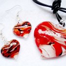 RED Black Swirl Murano Glass Heart Necklace Earrings Set NP96