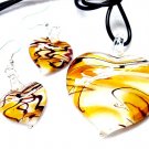 GOLD Black Swirl Murano Glass Heart Necklace Earrings Set NP97