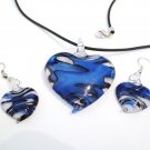 Blue Black Swirl Murano Glass Heart Necklace Earrings Set NP99