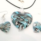 Aqua Black Swirl Murano Glass Heart Necklace Earrings Set NP100 Aqua Black Swirl Murano Glass Heart Necklace Earrings Set NP100
