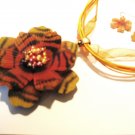 3.5" Orange Lucite Flower Pearl Ribbon Choker Necklace & Earrings Set NP113