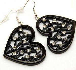 Trendy Black Filigree Clear CZ Heart Dangle Earrings EA06
