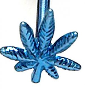 BLUE Titanium Anodized 3D Pot Leaf Tongue Ring Potleaf Barbell, 14g, BJ74