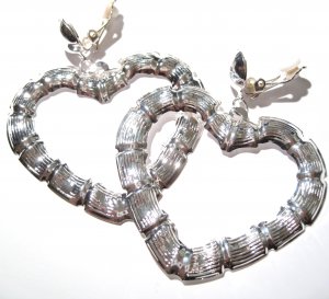 2.25" Silver Bamboo Heart Clip On Dangle Earrings EA55