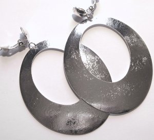 3.5 inch Silver Textured Dangle Clip On Earrings EA89