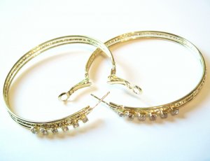 Large Sparkling Clear CZ 14K Gold EP Hoop Earrings EA91
