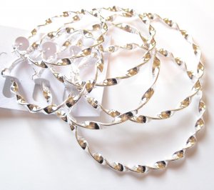 3 Prs Twisted Silver Hoop Earrings EA93