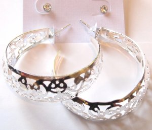 2 Prs CZ Stud and Filigree Hoop Silver Earrings Set EA95