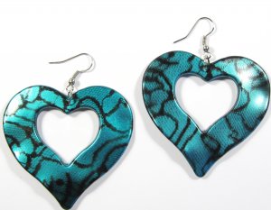 Aqua 2.25 inch Wavy Heart Shape Dangle Earrings EA138