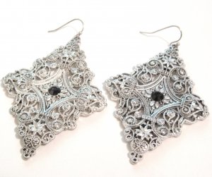 2.75" Antique Silver Victorian Style Filigree CZ Dangle Earrings EA53