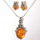 Amber Glass Rhodium Pendant Necklace and Earrings Set NP 128