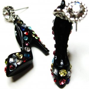Stunning 3D Black Stiletto HIgh Heel Shoe CZ Pave Dangle Earrings EA29