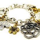Chunky 2 Tone Rose Flower Butterfly Charm Bracelet BR73